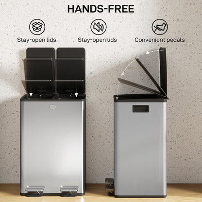 56L Dual Compartment Stainless Steel Bin, with Deodoriser Holders - Silver Tone