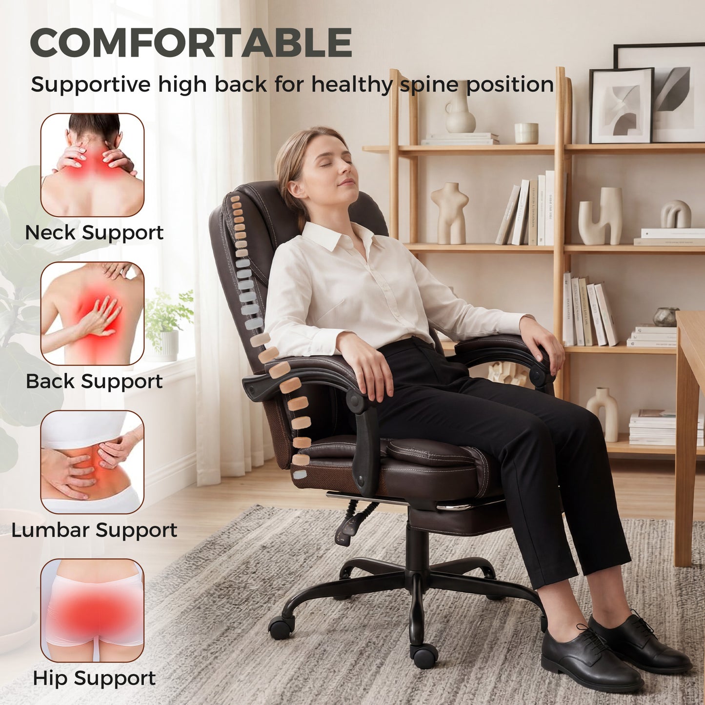 Executive Home Office Chair Reclining Function Footrest Computer Desk Chair High Back, Brown