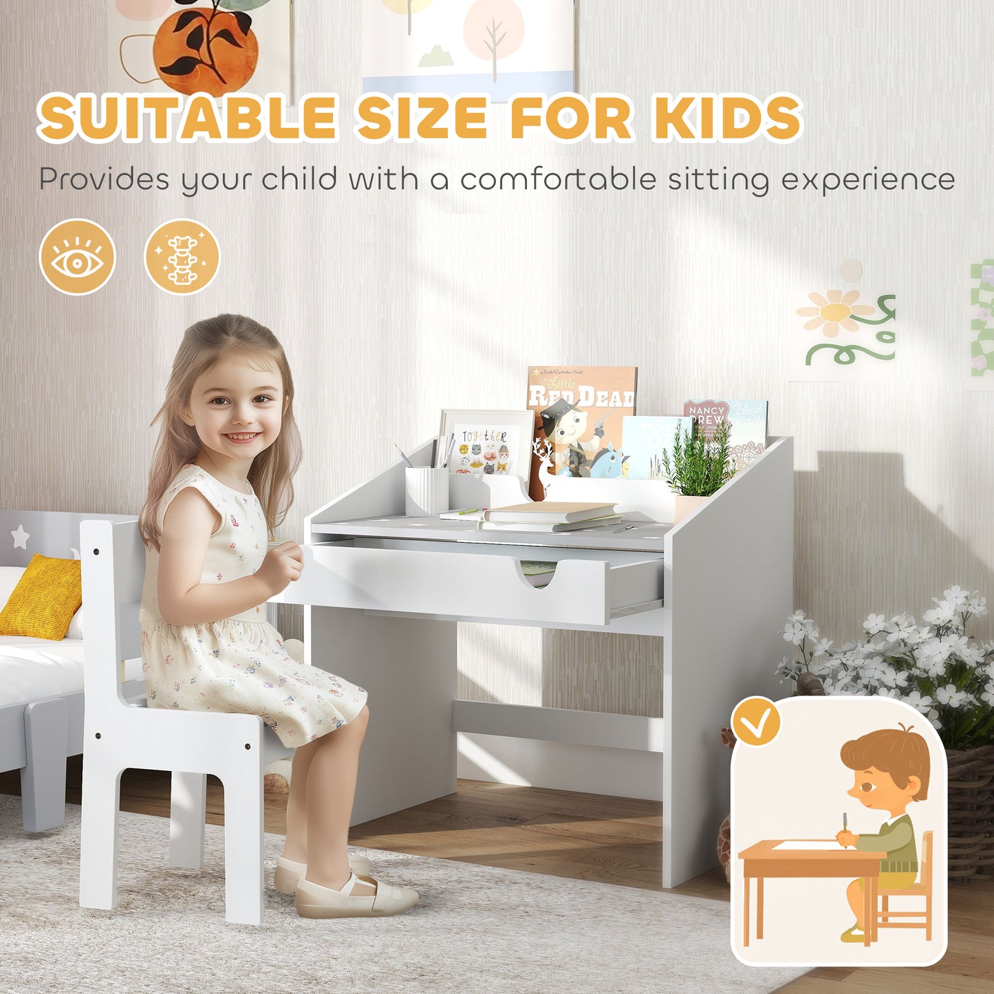 Children Study Table and Chair, Kids Desk and Chair Set with Storage, Pull-Out Drawer, for Ages 3-6 Years, Grey