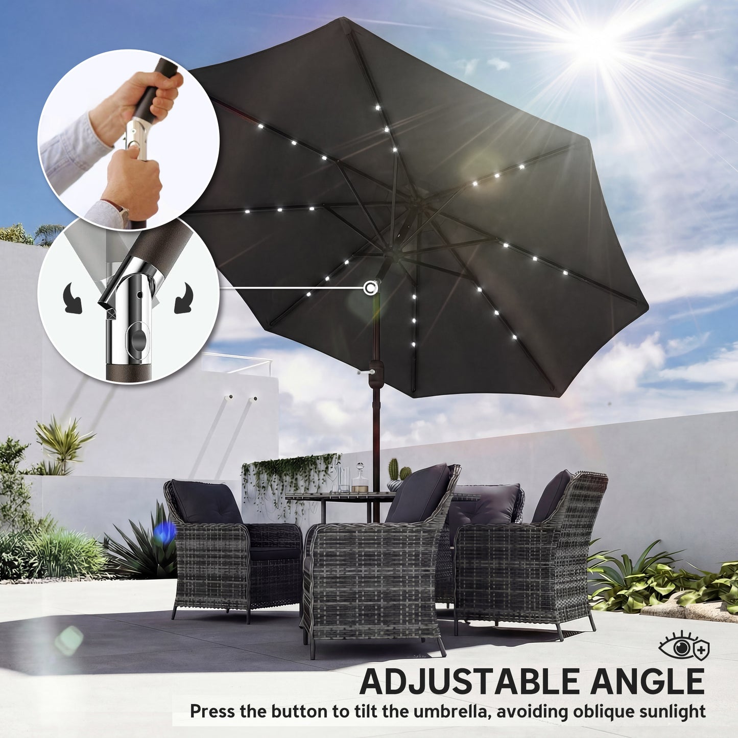 2.6 m Garden Parasol Umbrella with LED Solar Light, Parasol Cover, Outdoor Market Patio Umbrella, Black