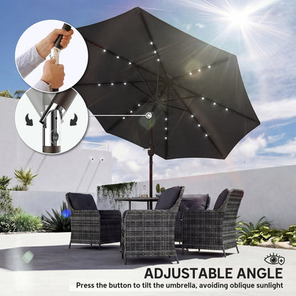 2.6 m Garden Parasol Umbrella with LED Solar Light, Parasol Cover, Outdoor Market Patio Umbrella, Black