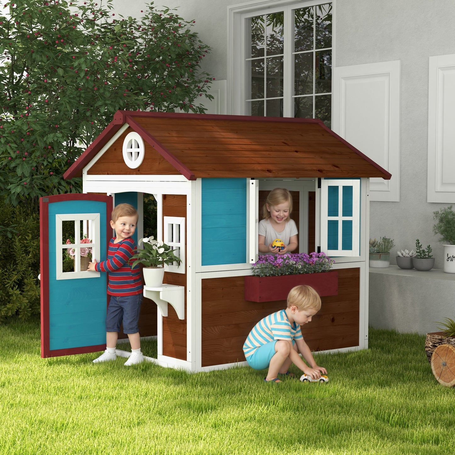 Wooden Playhouse with Doors, Windows, Plant Pots, Boxes, for 3-8 Years - Dark Brown
