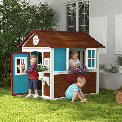 Wooden Playhouse with Doors, Windows, Plant Pots, Boxes, for 3-8 Years - Dark Brown
