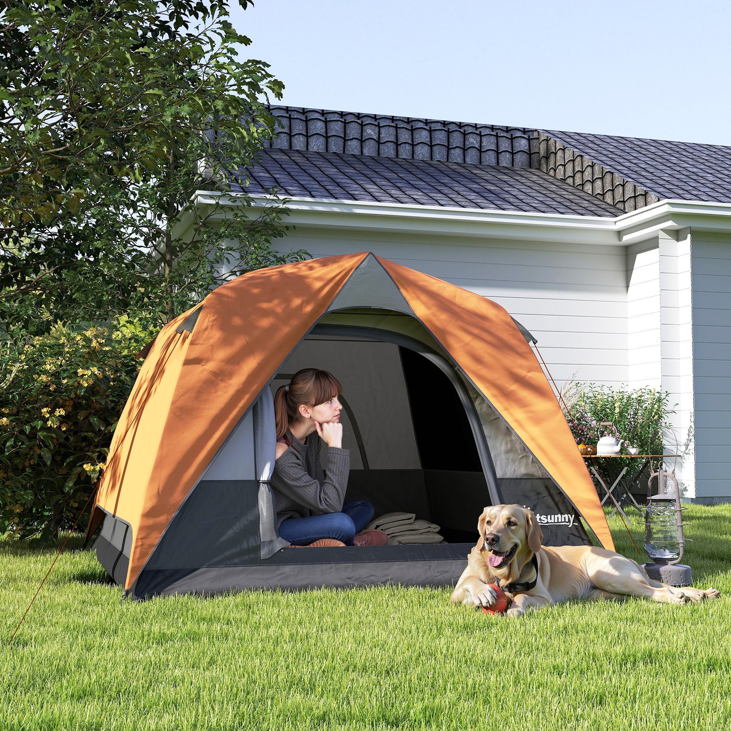 3-4 Person Camping Tent, Easy Set Up Waterproof Dome Tent with Sewn-in Groundsheet, Mesh Windows