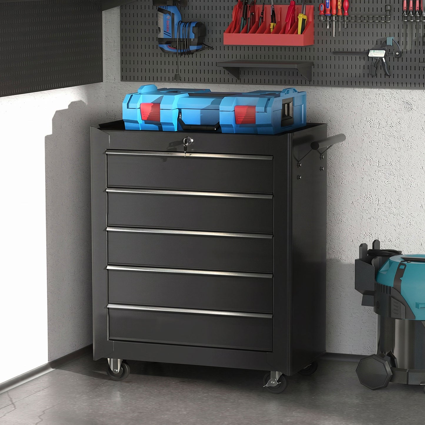 5-Drawer Tool Chest with Wheels, Steel Lockable Tool Storage Cabinet with Handle, 2 Keys for Garage, Workshop, Black