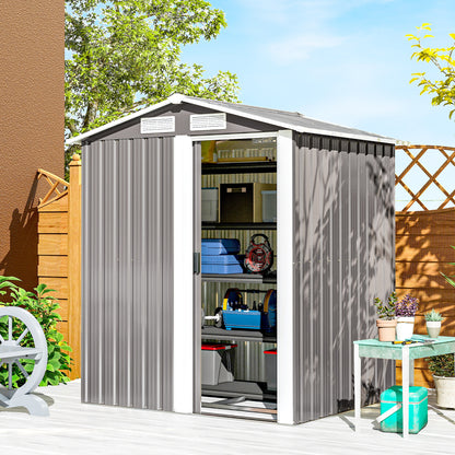 Garden Metal Tool Storage Shed with Sliding Door, Sloped Roof and Foundation Kit, 152 x 132 x 188cm, Grey