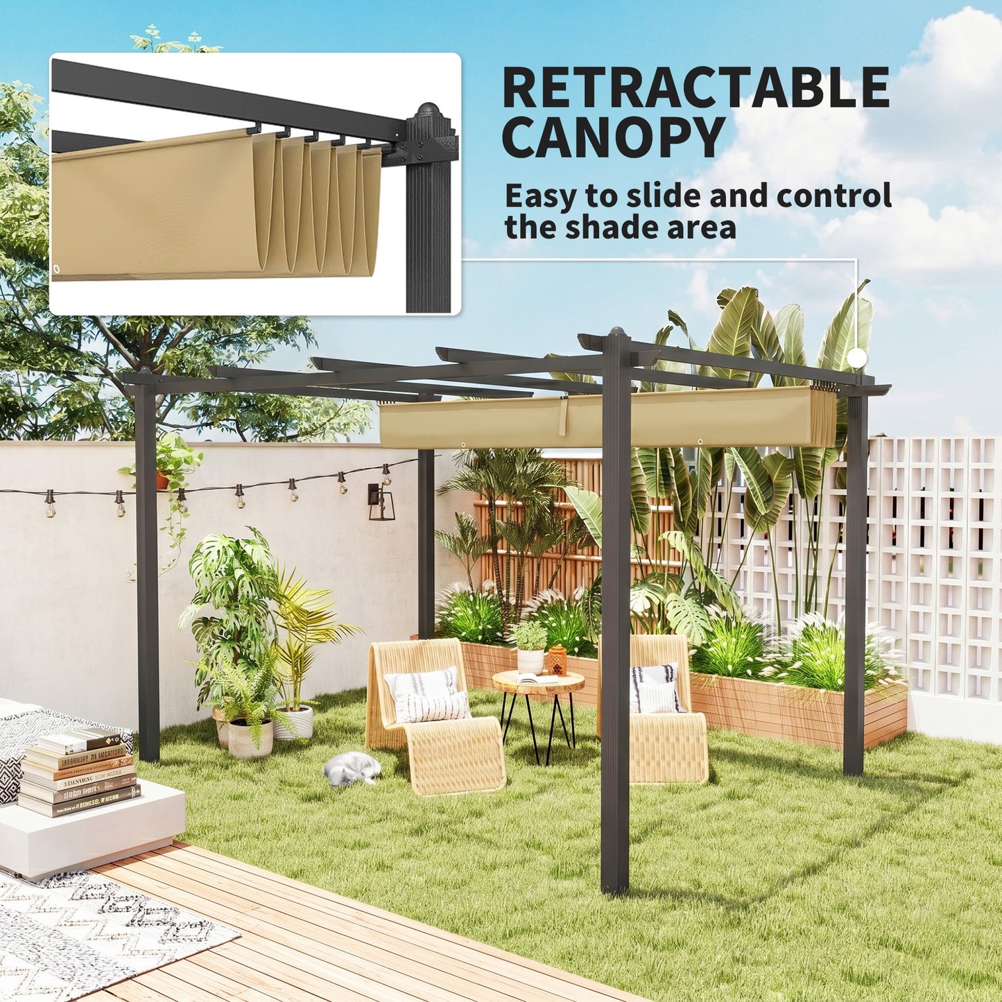 3 x 4m Aluminium Pergola, with Retractable Roof - Khaki