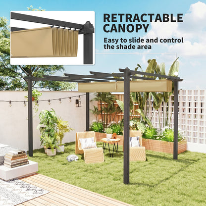 3 x 4m Aluminium Pergola, with Retractable Roof - Khaki