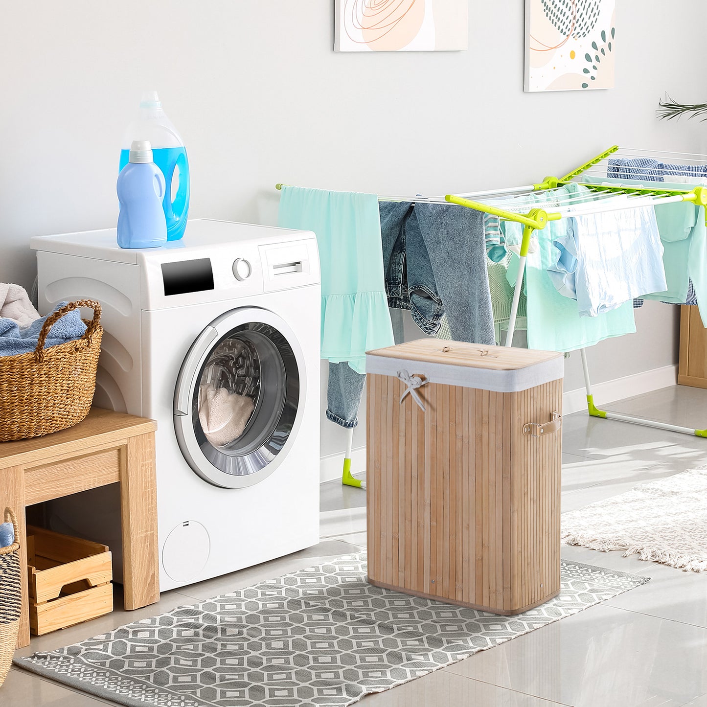 70L Collapsible Bamboo Laundry Hamper Organizer Clothes Washing Basket Bin Storage Box w/ Lid Removable Lining 40x30x60cm
