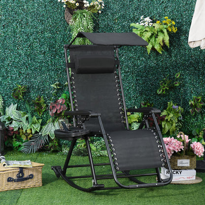 Garden Rocking Chair Folding Recliner Outdoor Adjustable Sun Lounger Rocker Zero-Gravity Seat with Headrest Side Holder Patio