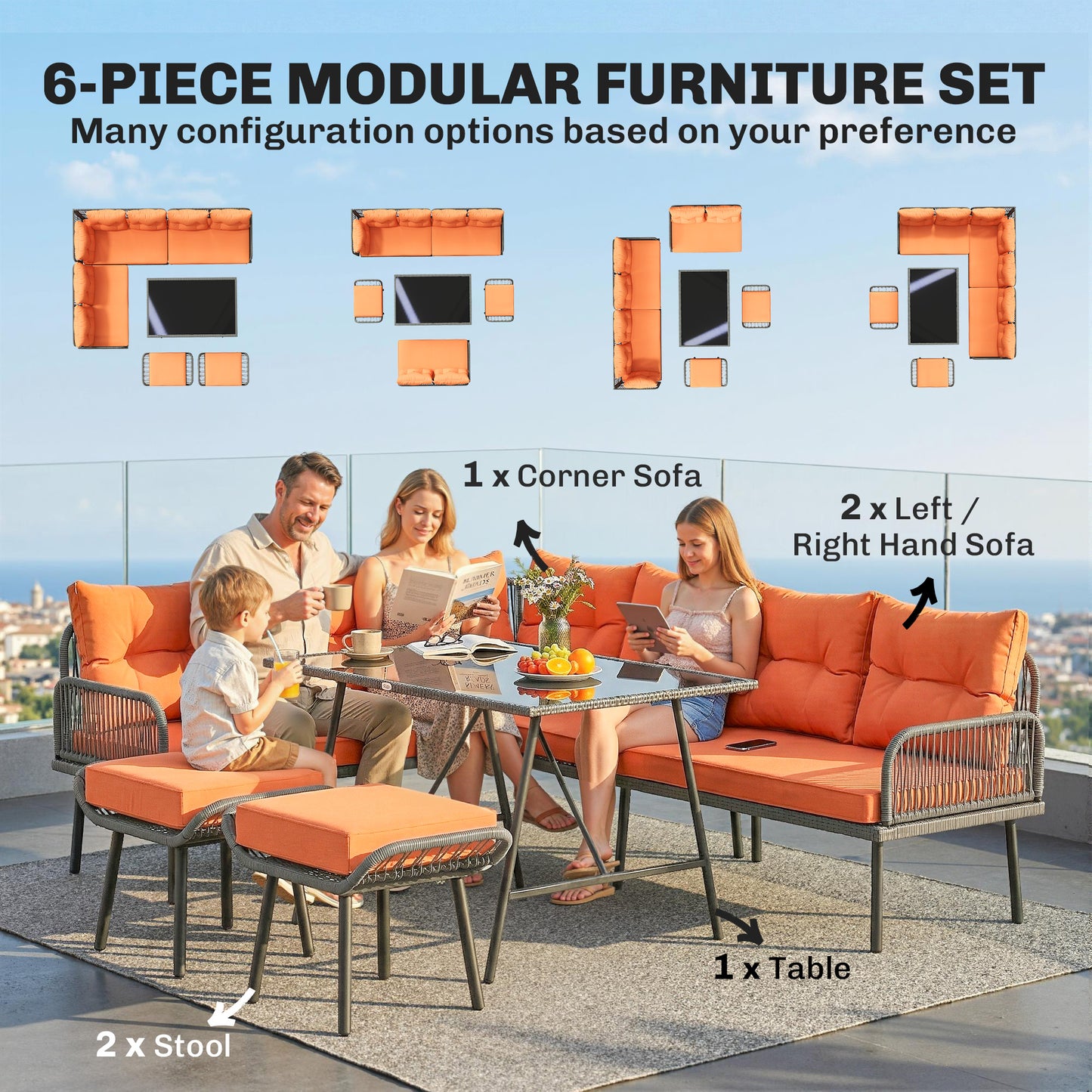 6 Piece Rattan Garden Furniture Set, 8 Seater Garden Corner Sofa with Cushions and Glass Top Table, Orange