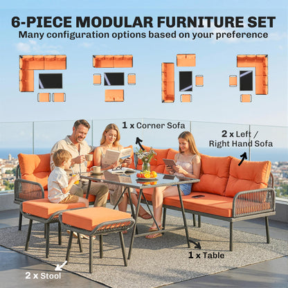 6 Piece Rattan Garden Furniture Set, 8 Seater Garden Corner Sofa with Cushions and Glass Top Table, Orange