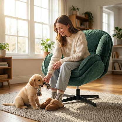 Modern Wingback Accent Chair, Velvet Armchair with Four-Star Base, S-Springs, Swivel, Dark Green