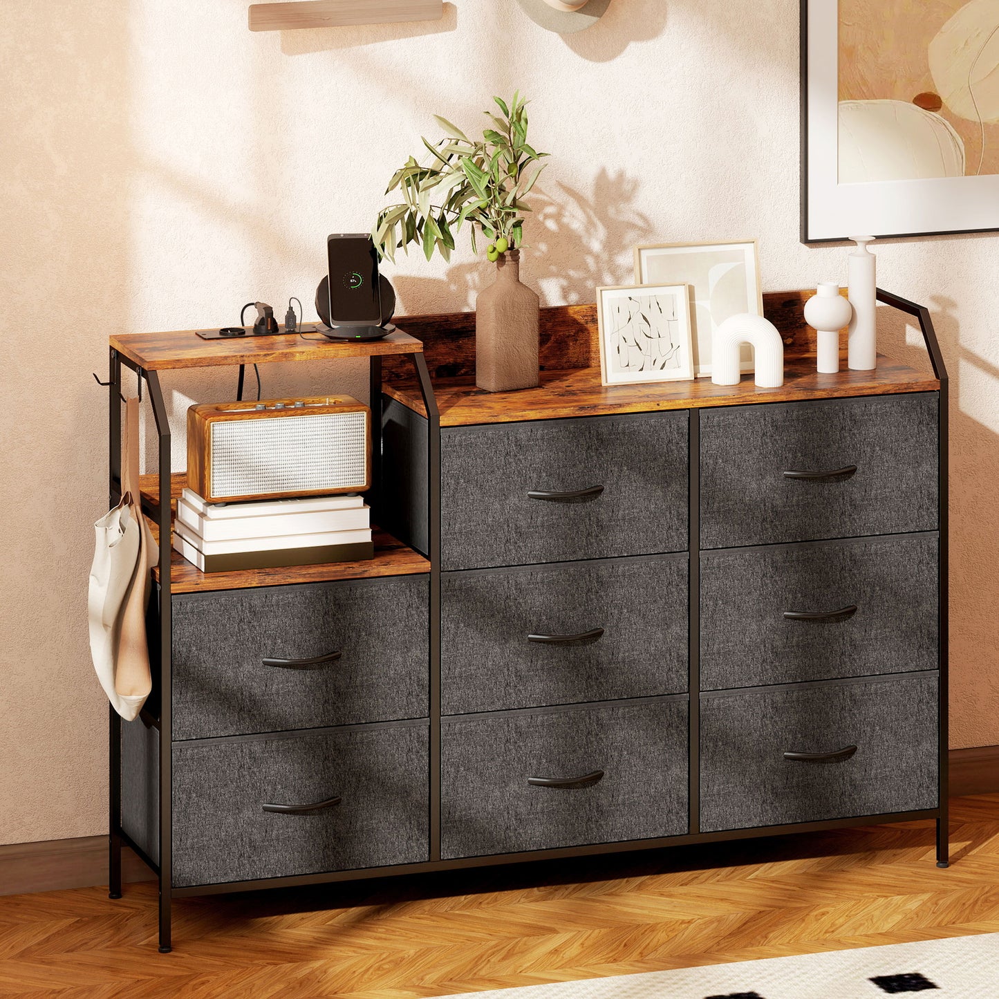 Chest of Eight Drawers, with Charging Station - Brown/Black