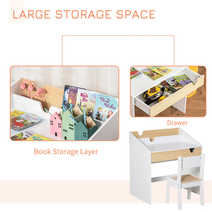 Kids Desk and Chair Set 2 Pieces Children Study Table with Storage Pull-Out Drawer Bookshelf for 3-6 Years Writing, Reading