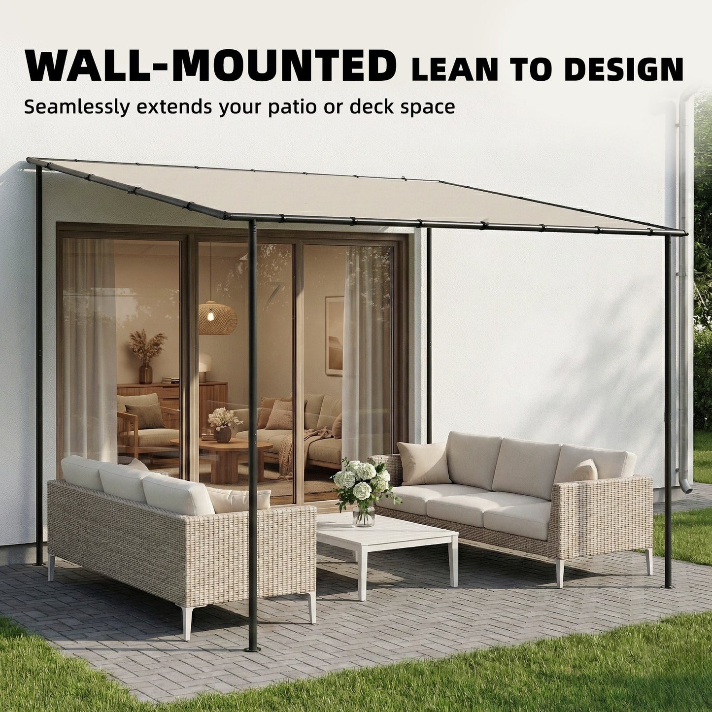 3 x 2 m Lean to Garden Pergola, Metal Frame Gazebo Pergola with UPF30+ Protection, Sloped Roof, Drainage Holes, Cream