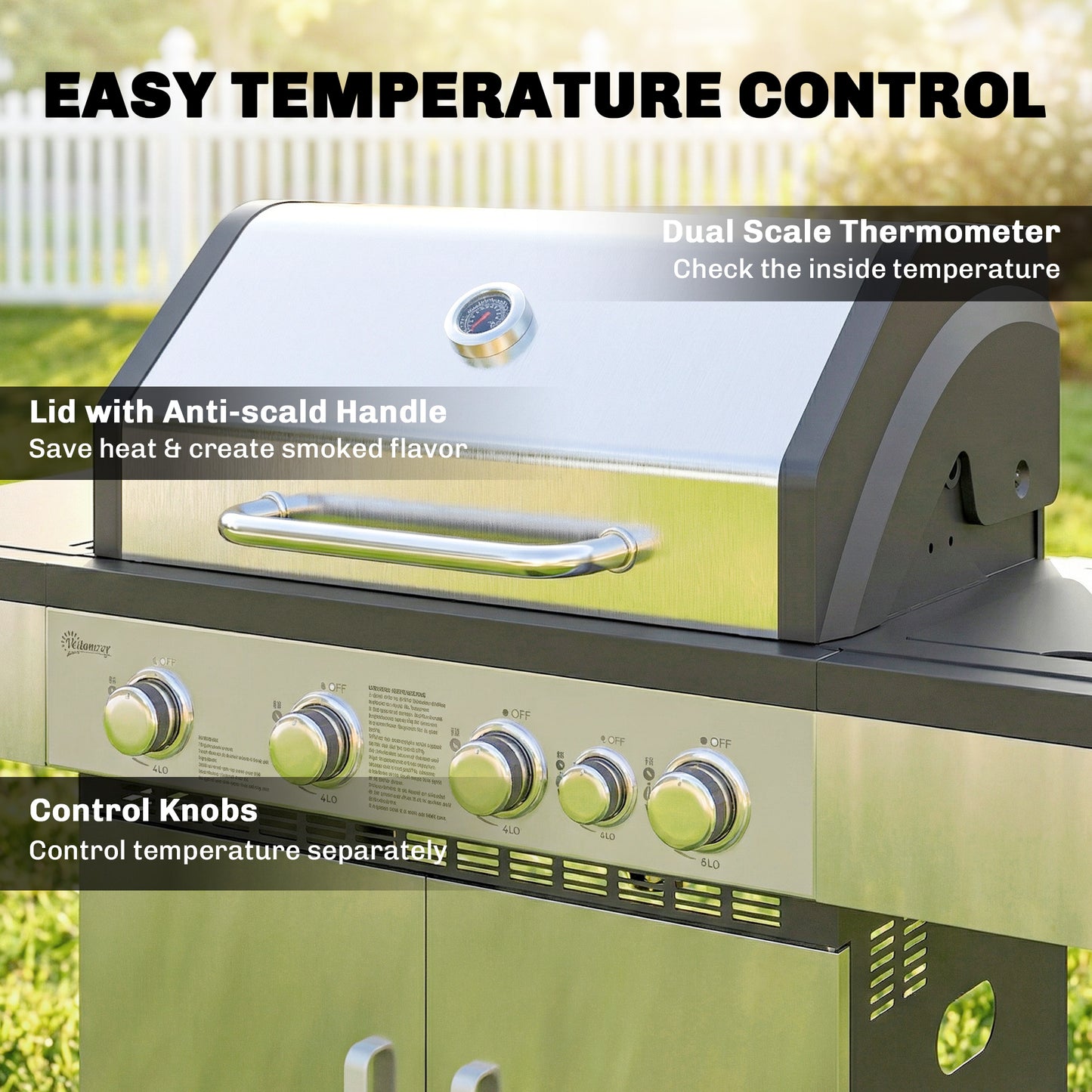 4+1 Burner Gas BBQ Grill, Portable Gas Barbecue Grill with Side Burner, Warming Rack, Side Shelf, Storage Cabinet