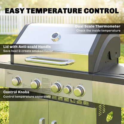 4+1 Burner Gas BBQ Grill, Portable Gas Barbecue Grill with Side Burner, Warming Rack, Side Shelf, Storage Cabinet