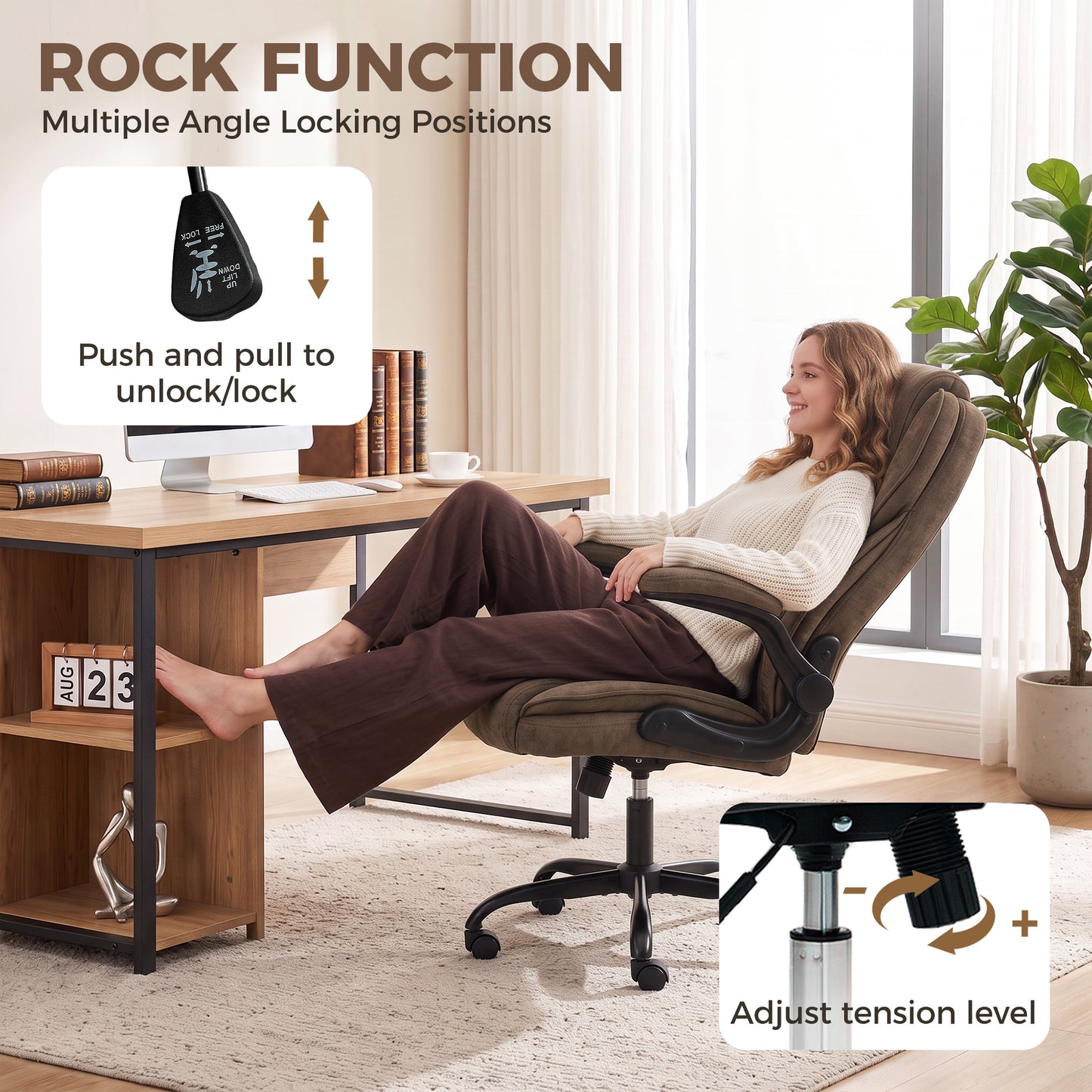 Office Chair, Ergonomic Desk Chair with Flip-up Armrest, Pocket Springs, Swivel Wheels, Adjustable Height, Brown