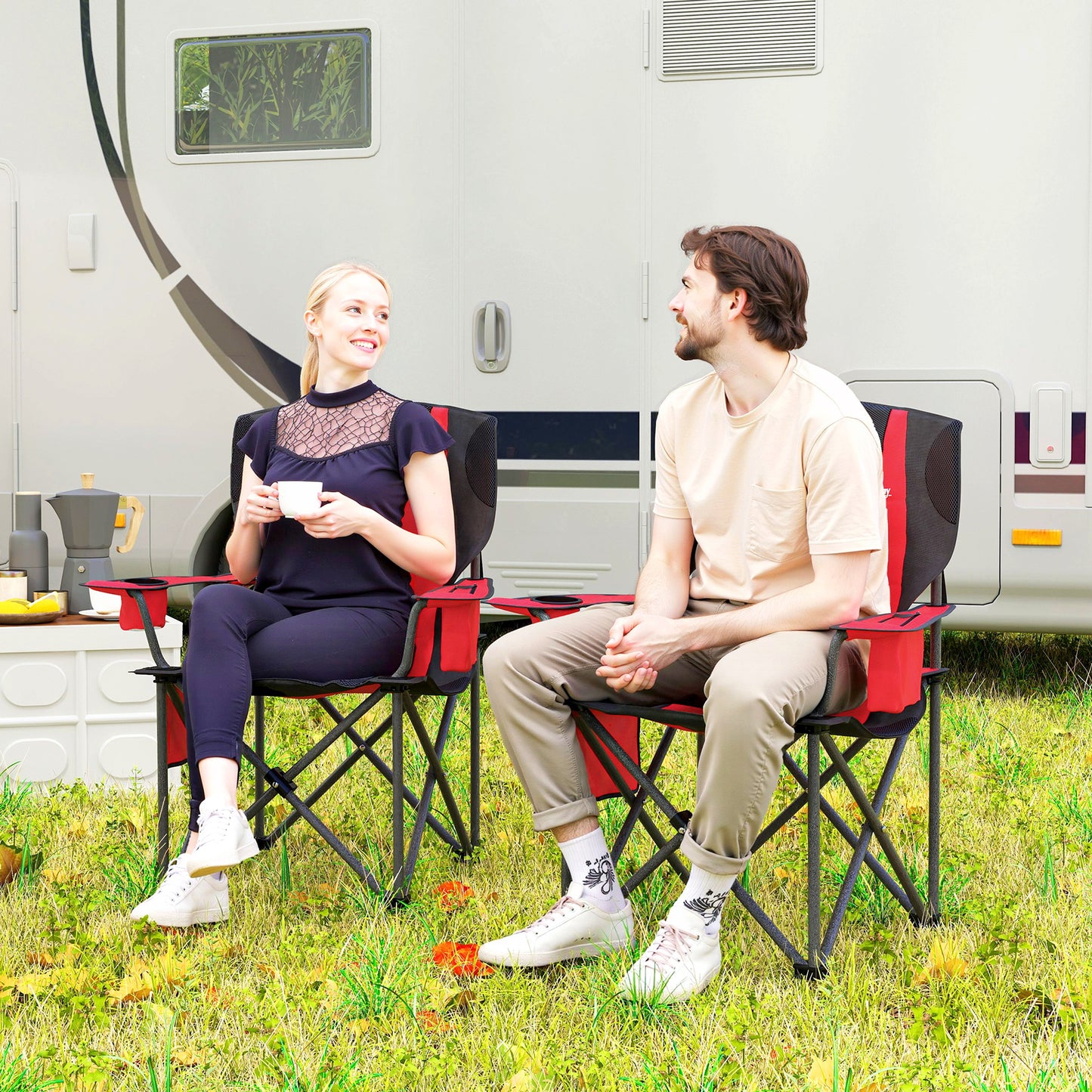 Set of 2 Folding Camping Chairs, Padded Camping Chairs with Adjustable Armrests