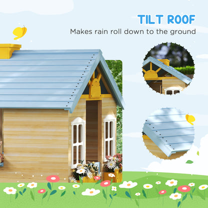 Wooden Playhouse, Wendy House with Door, Bench, Flowerpot Holder, for Ages 3-7 Years, Blue
