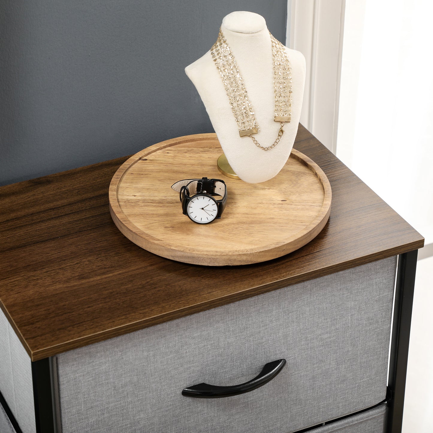Fabric Chest of Drawers, Industrial Bedroom Dresser with 5 Fabric Drawers, Steel Frame and Wooden Top for Nursery