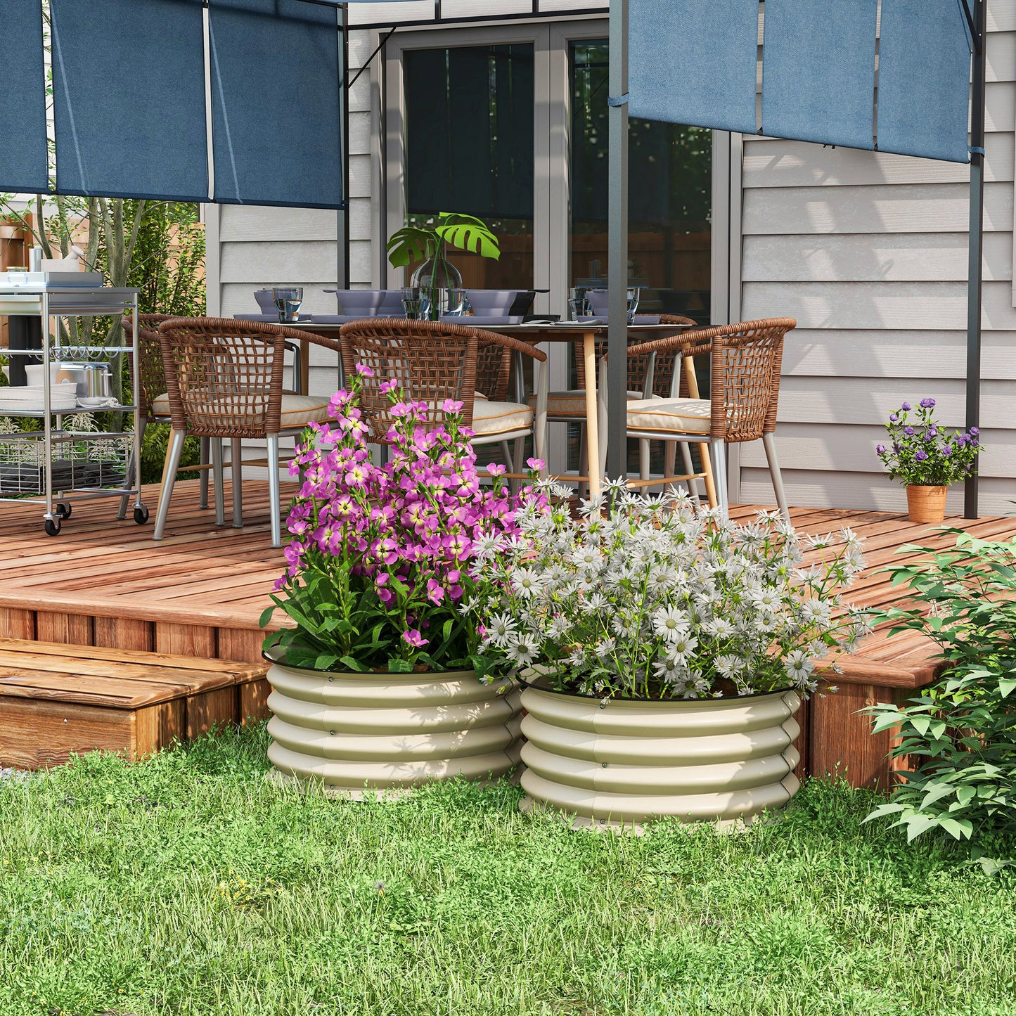 Set of 2 Raised Garden Bed, Metal Planter Box with Safety Edging, Easy-to-assemble Stock Tank, Cream White