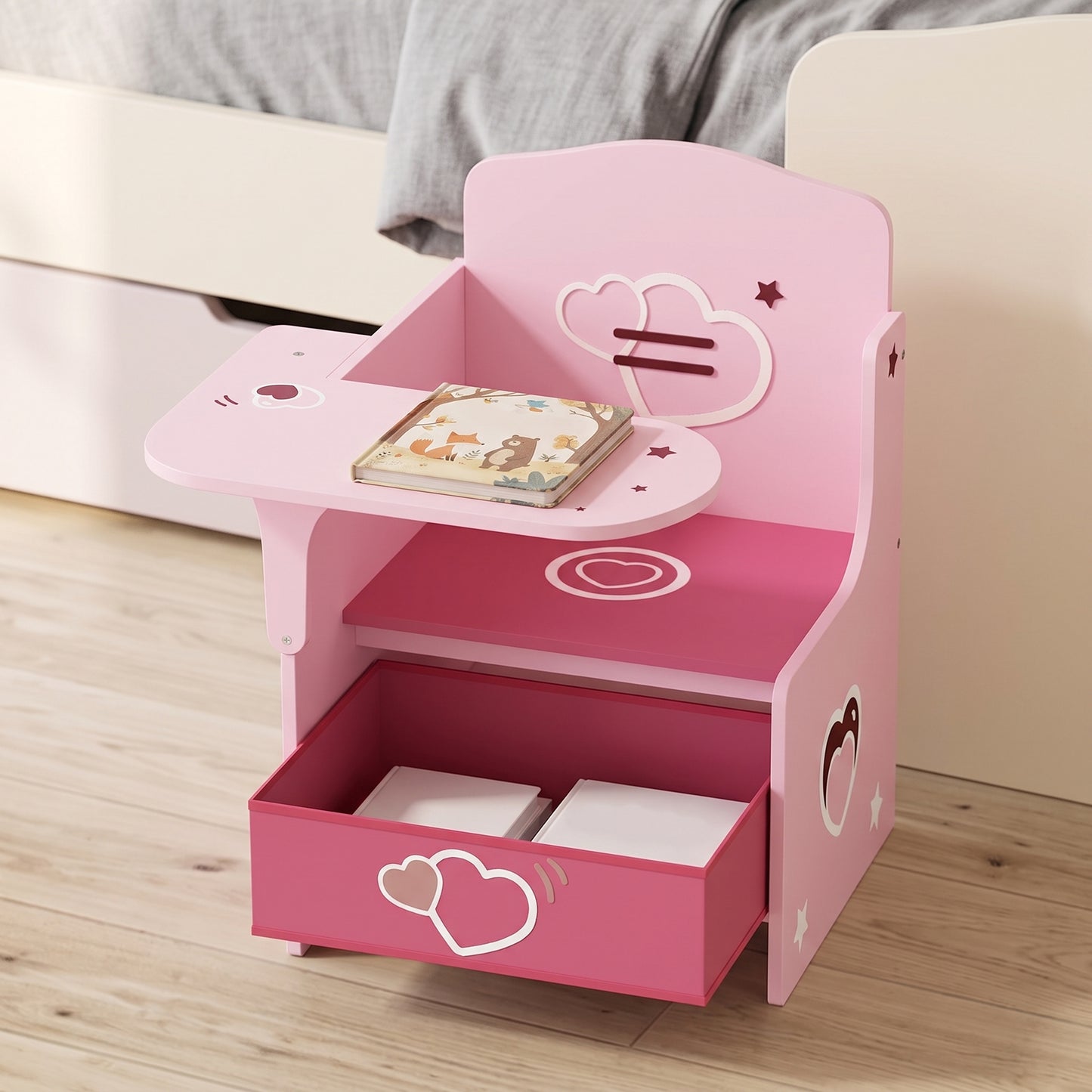 Kids Table and Chair Set, Children Desk and Chair with Storage Bins for Playing, Reading, Painting, for Ages 3-5, Pink