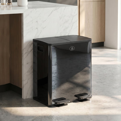 40L Dual Compartment Stainless Steel Bin, with Deodoriser Holders - Black