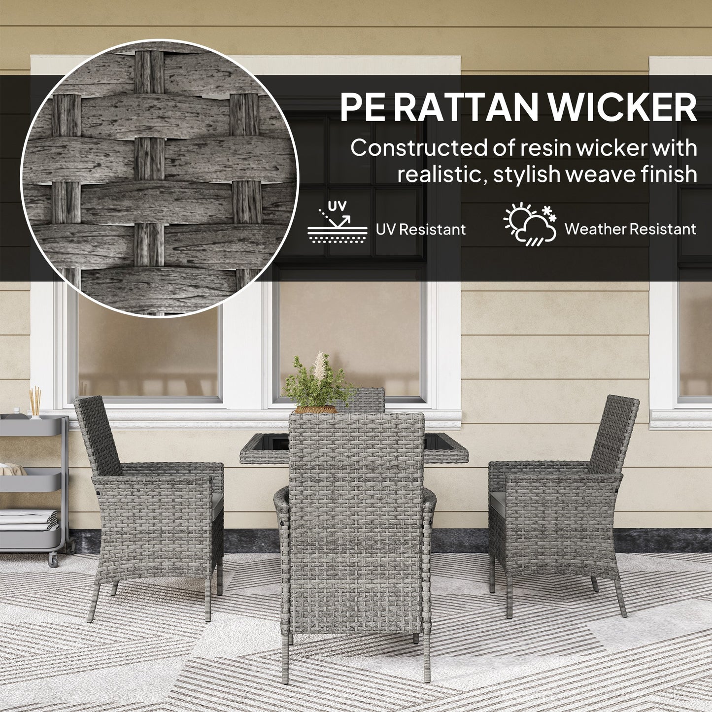 Rattan Garden Furniture Set, Outdoor Dining Table and Chairs 4 Seater with Cushions, Square Tempered Glass Top, 4 Armchairs