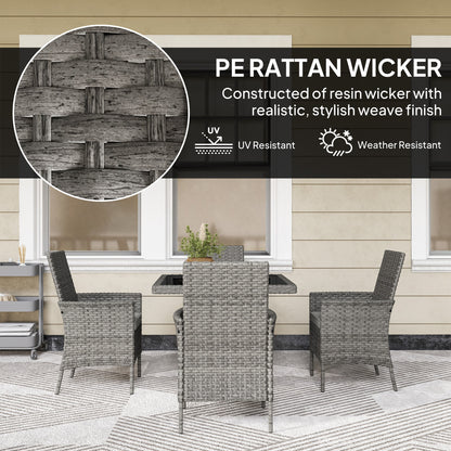 Rattan Garden Furniture Set, Outdoor Dining Table and Chairs 4 Seater with Cushions, Square Tempered Glass Top, 4 Armchairs