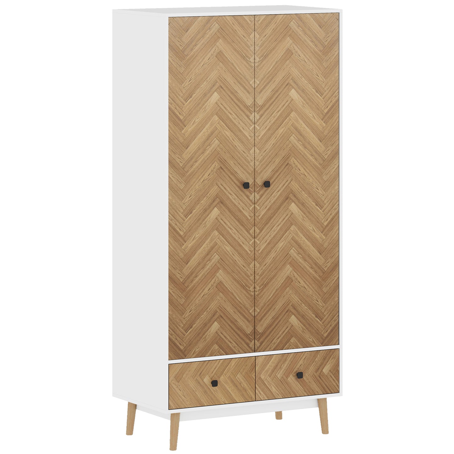 Cabinet Wood-Effect Sticker Surface, Modern Wardrobe with 2 Hanging Rods, 2 Storage Shelves and 2 Drawers, White
