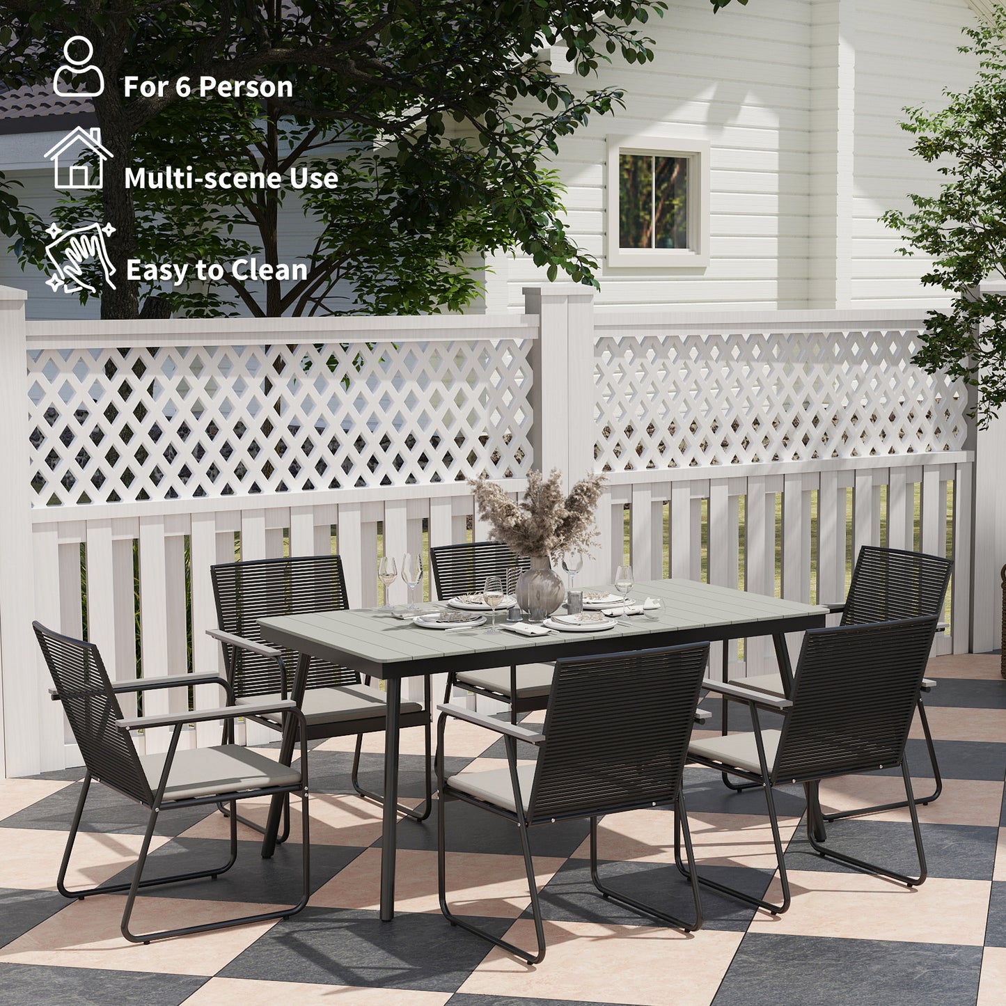 6‑Seater Garden Dining Set with Cushions, Rattan Backrest, Plastic Top, Garden Furniture Set, Grey