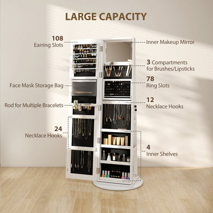 Storage Jewellery Cabinet, with Mirror and Lights - White