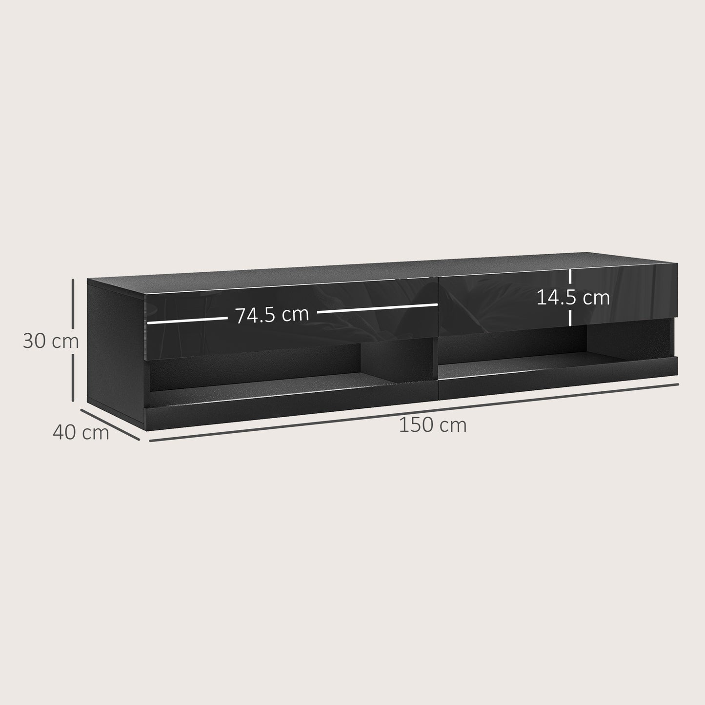 Floating TV Unit, Wall Mounted TV Cabinet for TVs up to 65", High Gloss Media Wall Unit with LED Lights, Storage Shelves