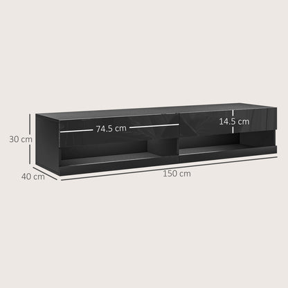 Floating TV Unit, Wall Mounted TV Cabinet for TVs up to 65", High Gloss Media Wall Unit with LED Lights, Storage Shelves