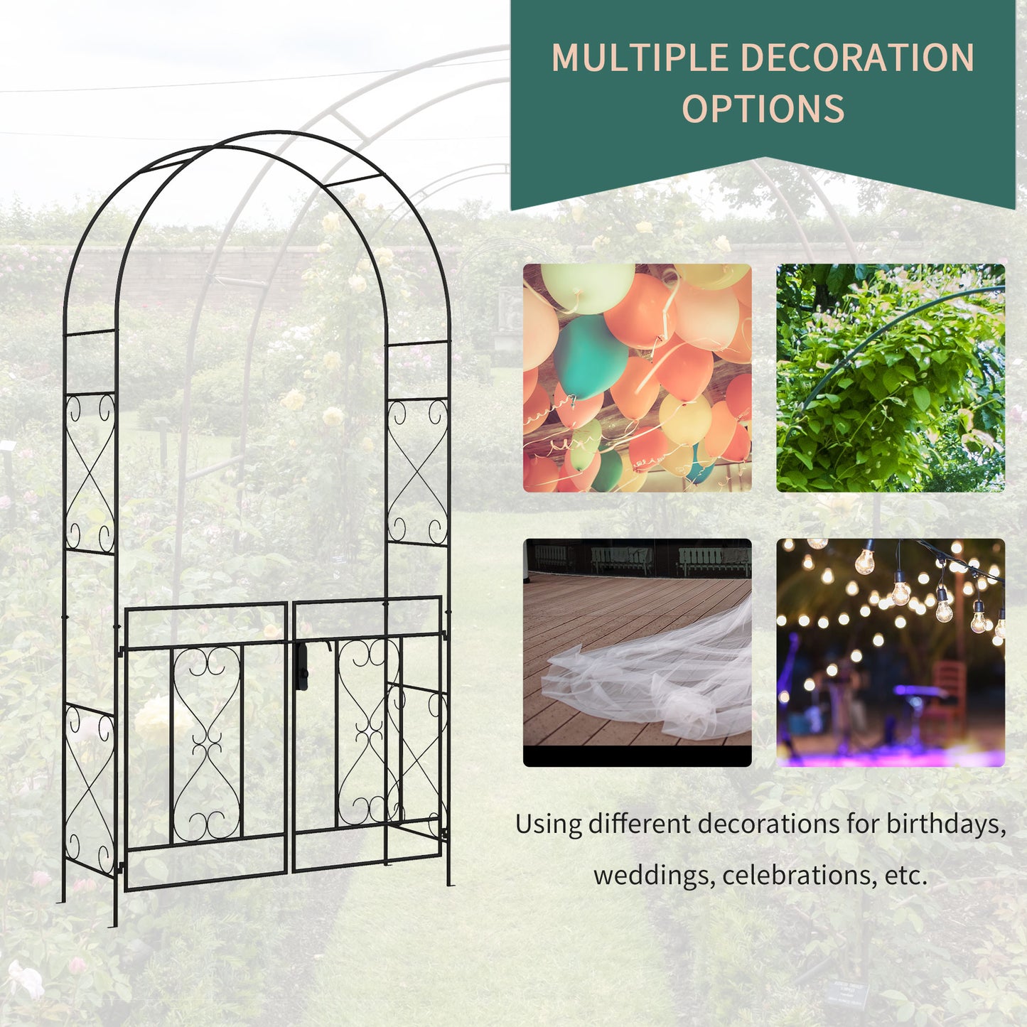 Garden Arch with Double Gates, Metal Garden Arbor for Climbing Roses & Vines