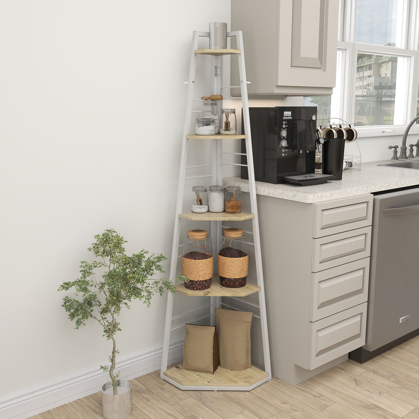 Five-Tier Corner Shelf - White/Wood-Effect