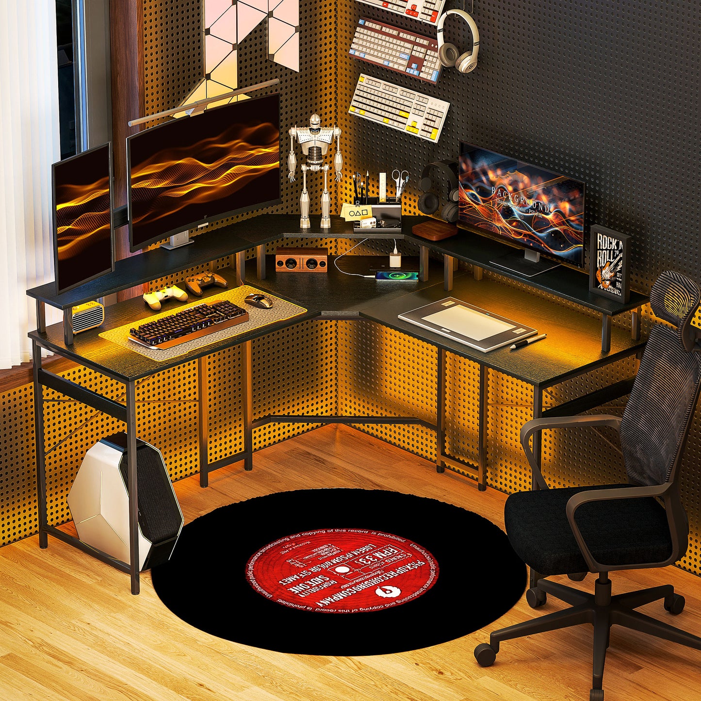 'L' Shaped Work Desk, with LED Lights - Black