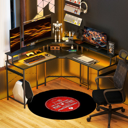 'L' Shaped Work Desk, with LED Lights - Black