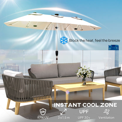 3 m Double-Sided Garden Parasol with LED Solar Lights, Tilt, Outdoor Extra Large Sun Umbrella with Crank Handle, Cream
