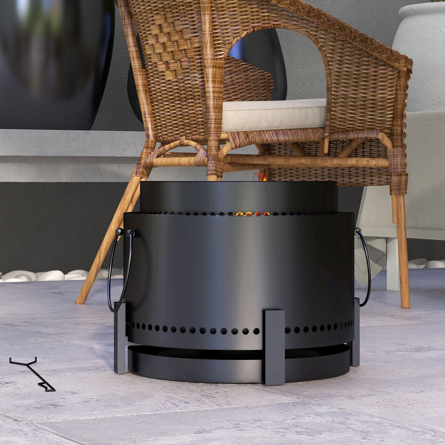 Smokeless Fire Pit with Ash Catcher, 37cm Portable Wood Burning Firepit with Poker for Garden Camping Bonfire Party, Metal