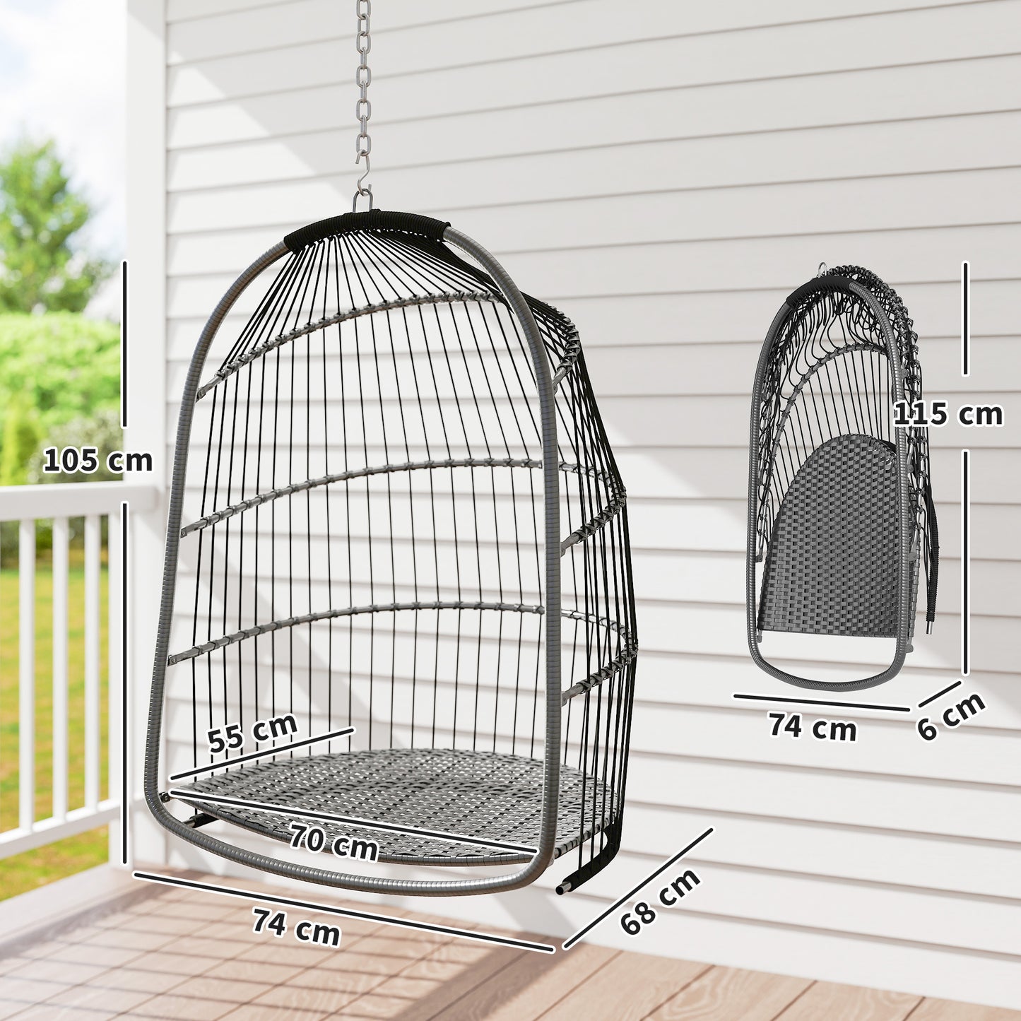 Hanging Egg Chair, Foldable Rattan Garden Swing Chair with Installation Kit, Thickened Cushion and Headrest