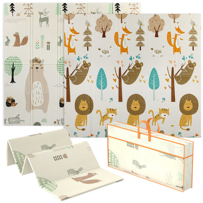 Baby Play Mat, Double Sideded Foldable Kids Crawling Mat, Reversible & Waterproof, Animal