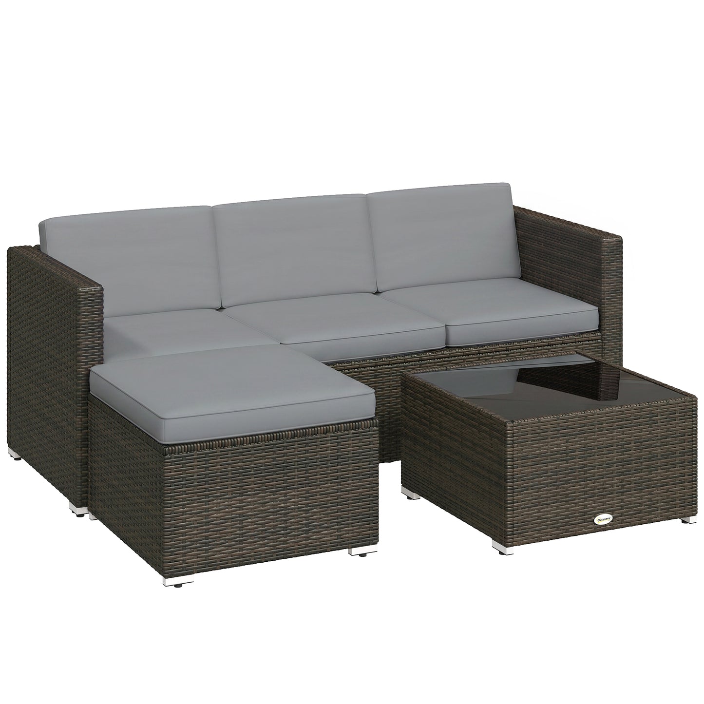 3 Pieces Garden Furniture Set w/ Cushions, PE Rattan Wicker Conversation Corner Sofa Set, Light Grey