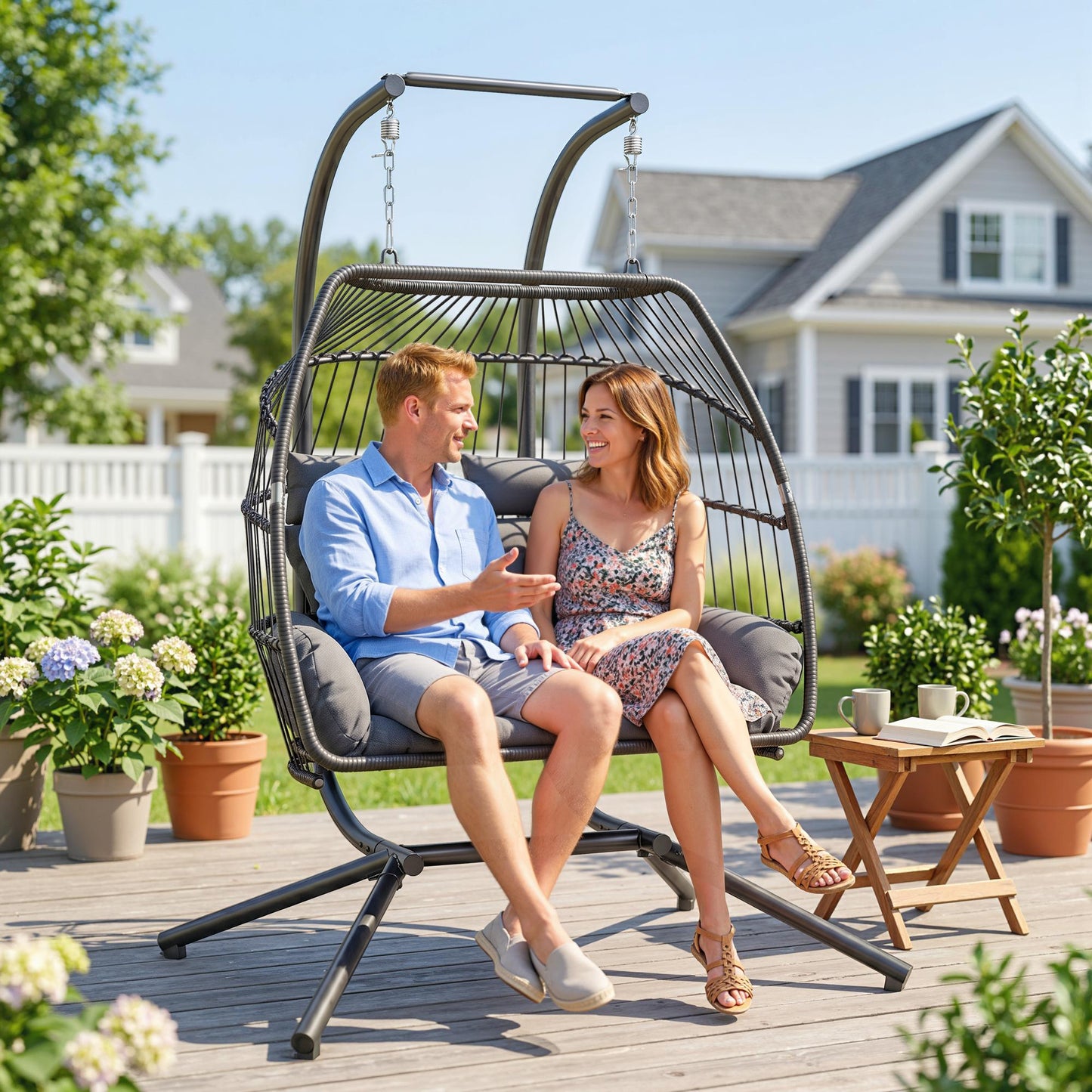Rattan Double Hanging Egg Chair with Stand, Foldable Wicker Swing Egg Chair with Cushion, Head Pillows, Steel Frame