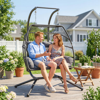 Rattan Double Hanging Egg Chair with Stand, Foldable Wicker Swing Egg Chair with Cushion, Head Pillows, Steel Frame