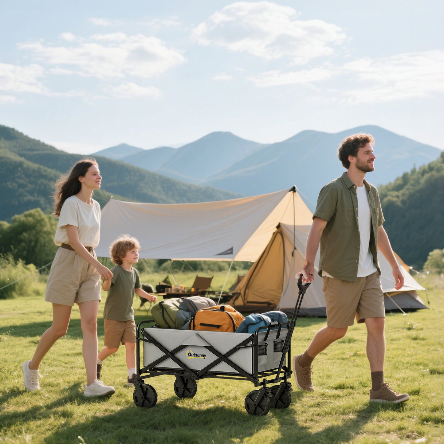 Folding Pull Along Cart Cargo Wagon Trolley with Telescopic Handle - Dark Grey