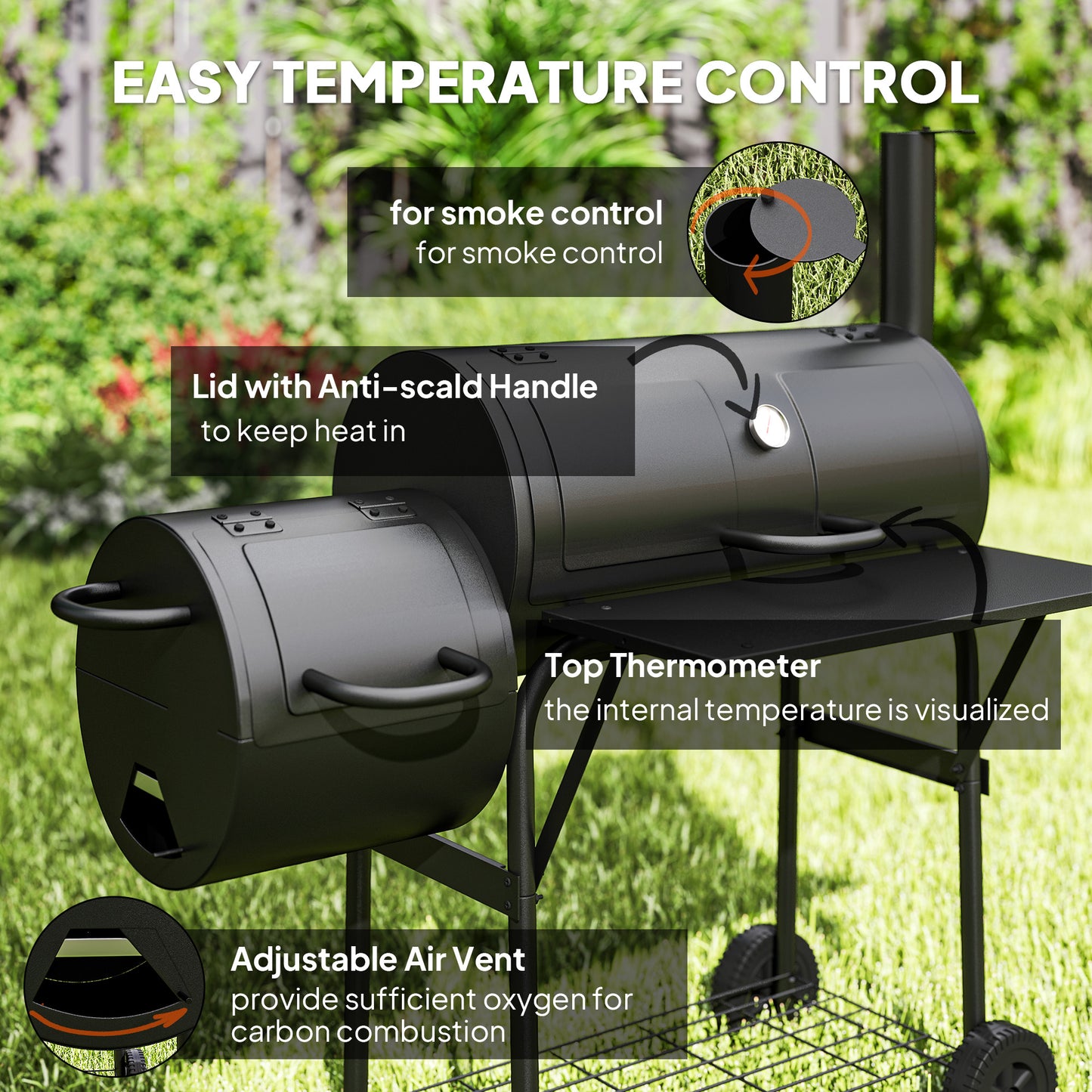Barbecue Grill Portable Outdoor Charcoal BBQ Grill with Offset Smoker 109 x 60 x 120 cm Black