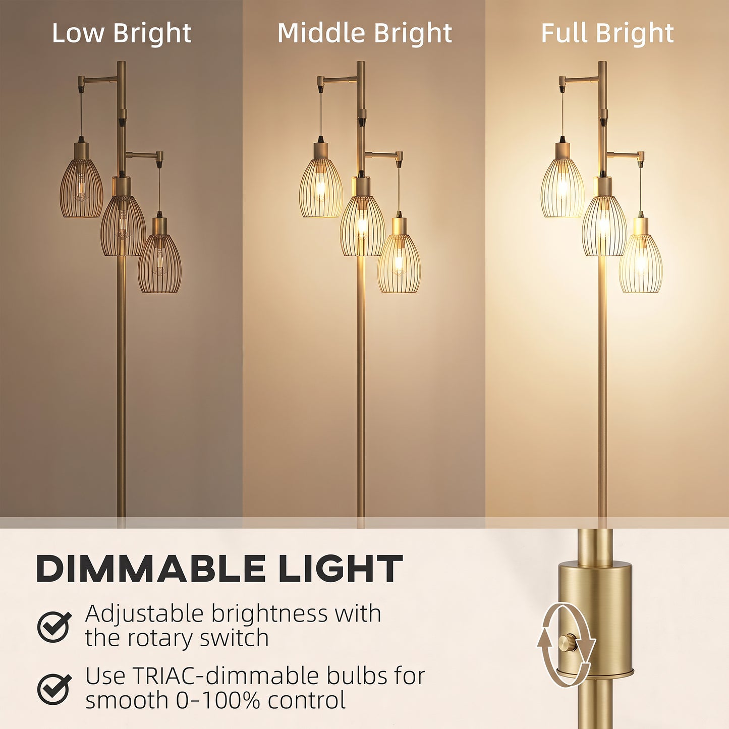 170.5cm Industrial Dimmable Standing Lamp, 3-Light Floor Lamp with Steel Wire Cage Lampshades, Gold Tone